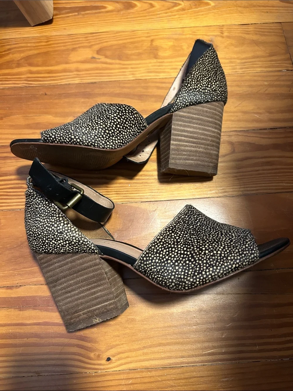 Madewell Black and Tan Speckled Hairhide Block Heels